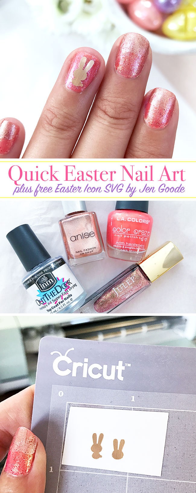 Quick Easter bunny nail art and free SVG by Jen Goode. This is a quick way to dress up your nails in just minutes. Get the tips and tricks to making the perfect Easter nail art!