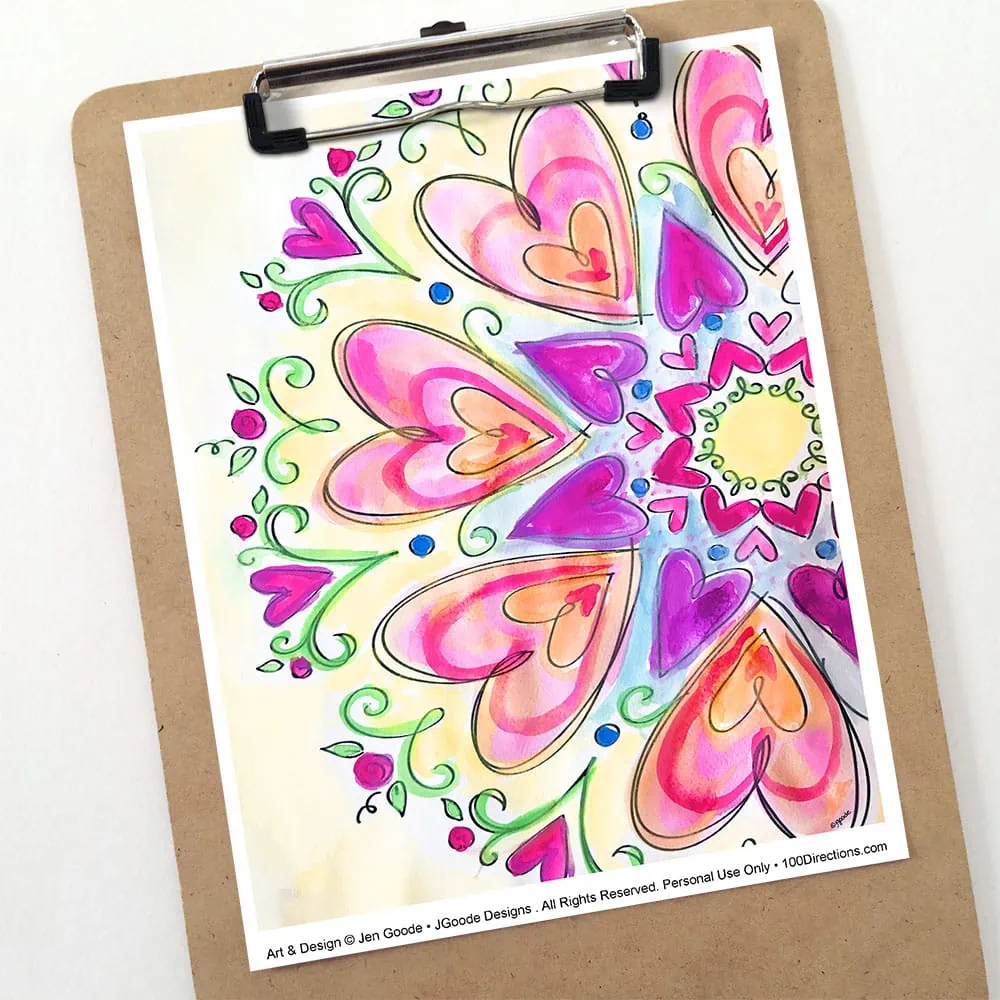 Watercolor hearts and flowers mandala - printable art designed by Jen Goode