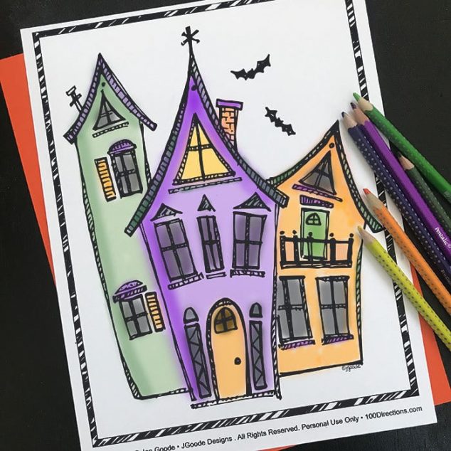 Halloween Coloring Page - Halloween Houses - 100 Directions