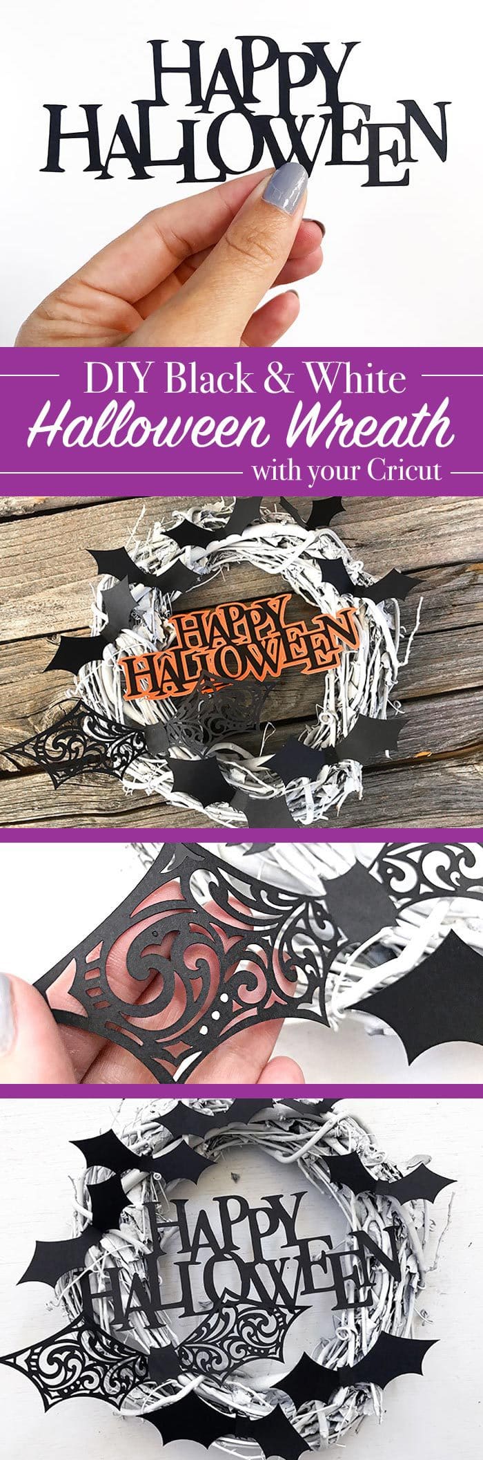 DIY Black and White Halloween wreath with Happy Halloween SVG cut file designed by Jen Goode