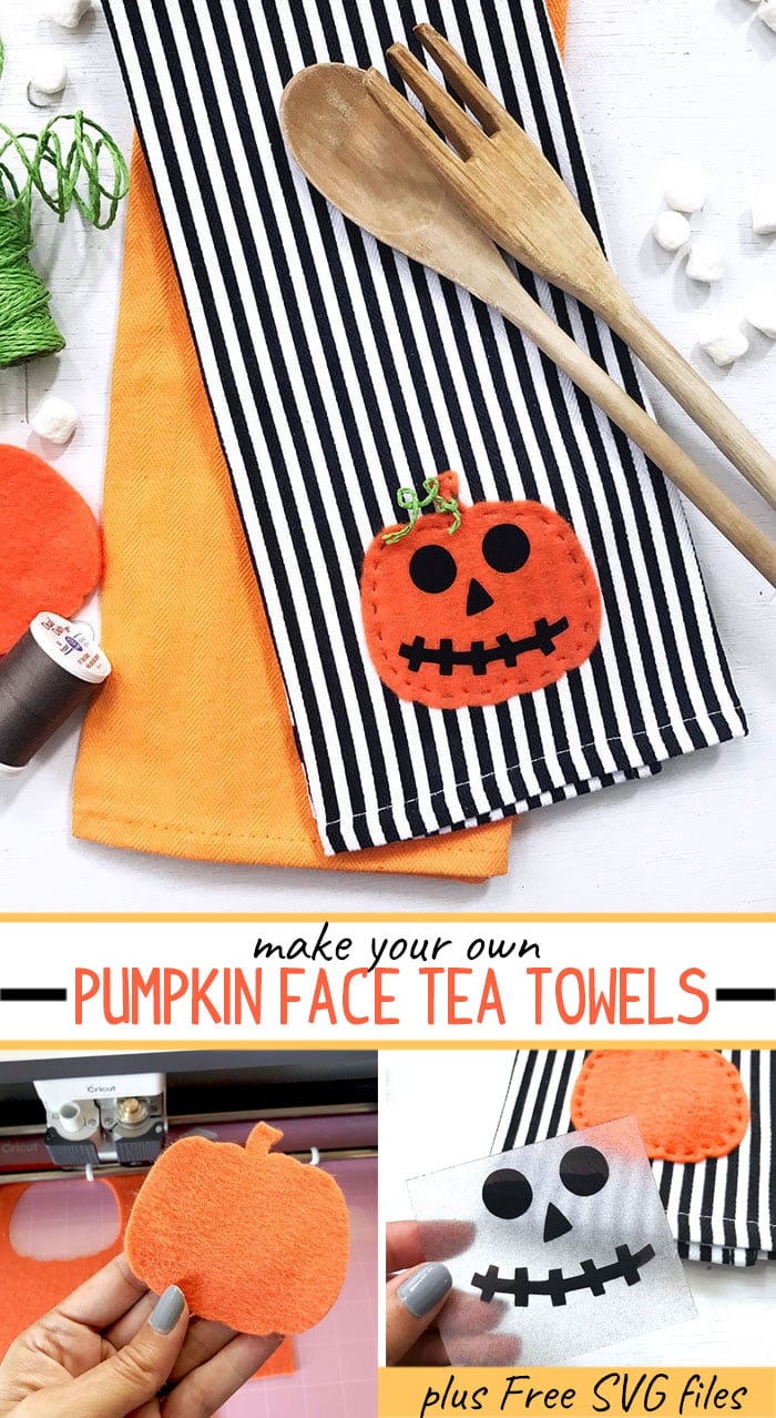 Make your own cute Halloween tea towels with a free SVG cut file designed by Jen Goode