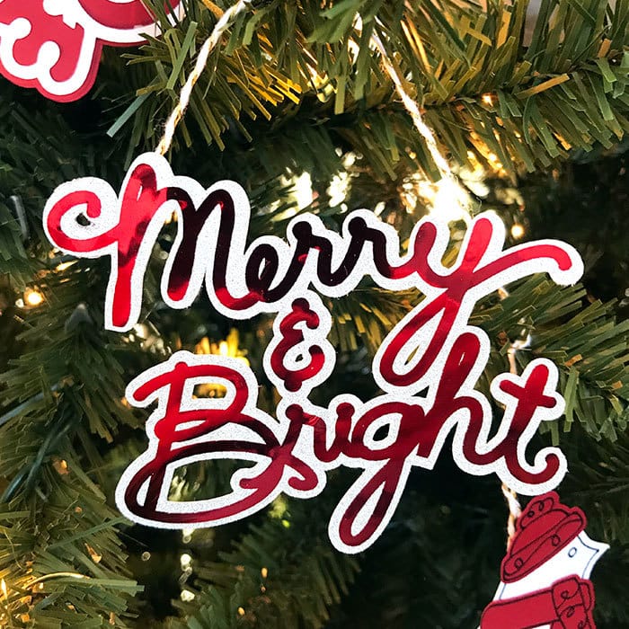 Merry and Bright ornament with silver glitter