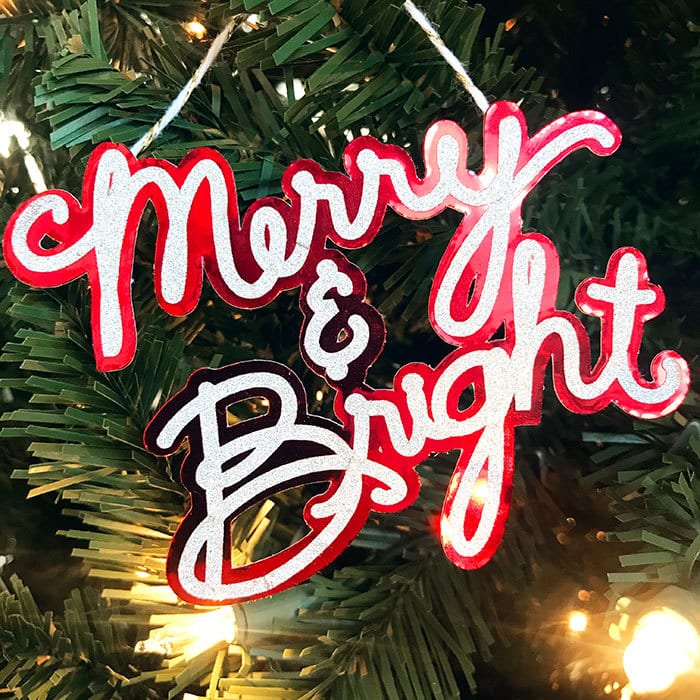 Merry and Bright ornament with red foil
