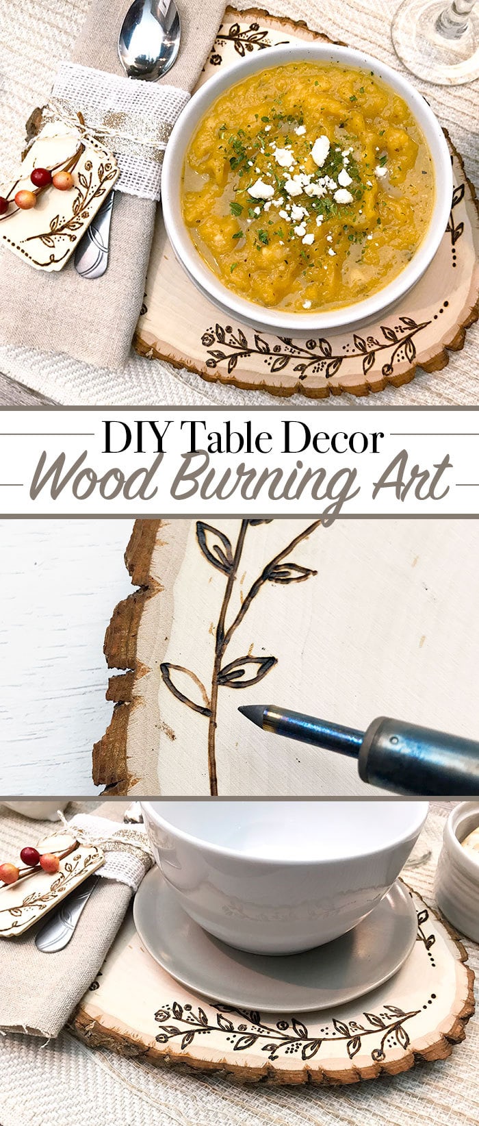 DIY Wood Burning Art Table Decor and Place Settings - designed by Jen Goode