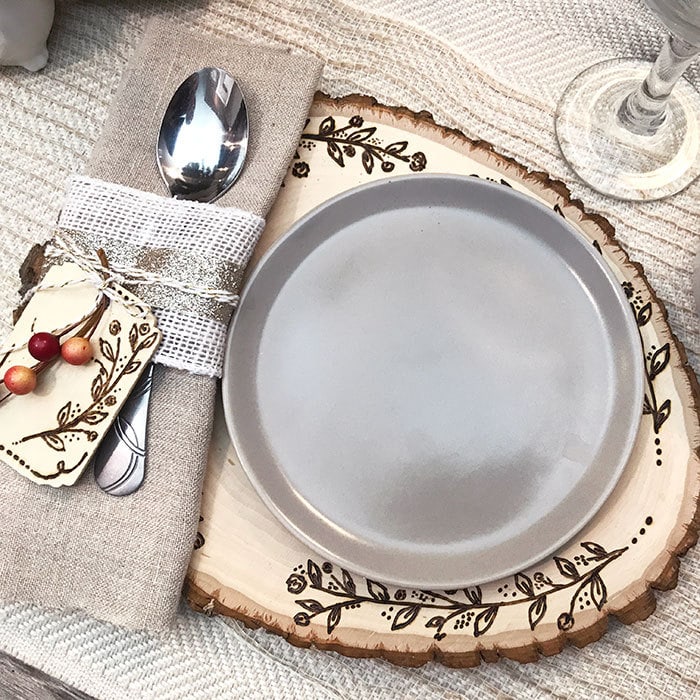 Pretty place setting feature DIY wood burning art