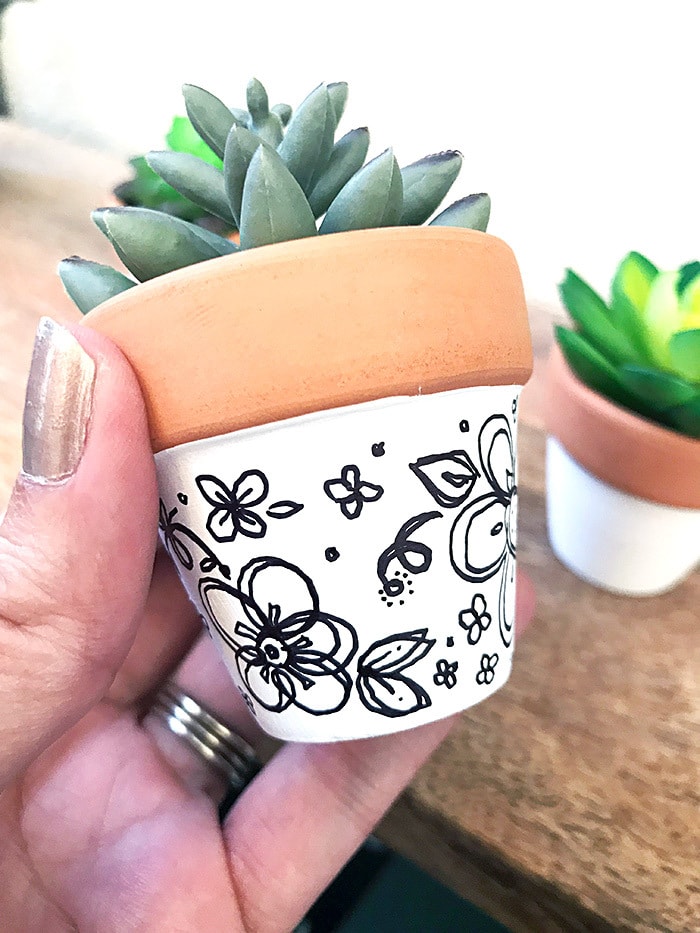 Make mini clay pots decorated with hand-drawn art - tutorial by Jen Goode