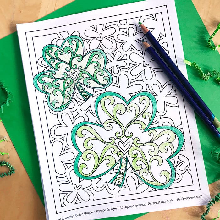 Printable shamrock coloring page designed by Jen Goode