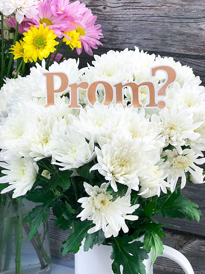 Create a fun prom proposal with a flower bouquet and Prom? word art flower pick