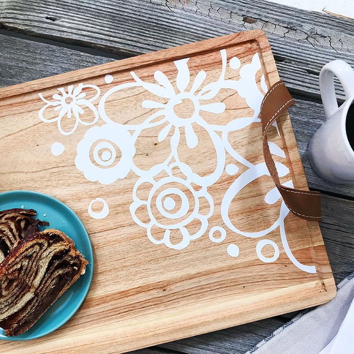 How to decorate a wood tray with cut vinyl designs and your cricut - design by Jen Goode