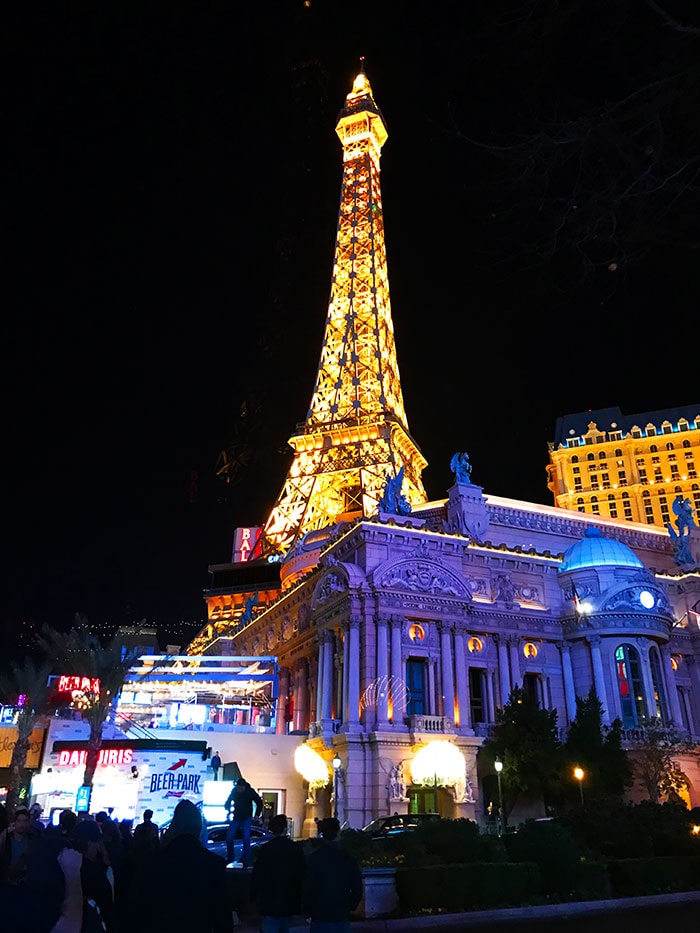 Paris Hotel at night in Las vegas