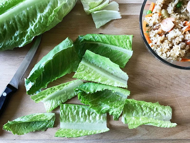 Making shrimp fried rice lettuce wraps