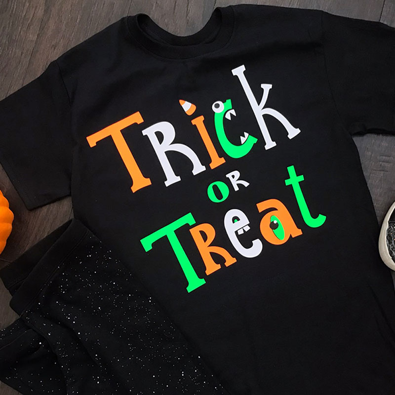 DIY Halloween t-shirt - Trick-or-treat word art t-shirt you can make with your Cricut - Designed by Jen Goode