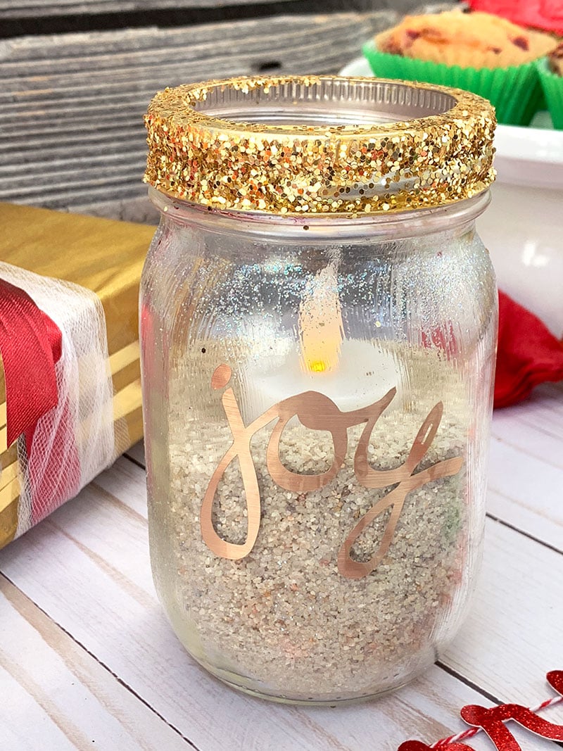 Apply word art to your jar, fill and add candle