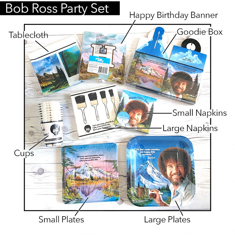 Everything included in the Bob Ross party set from Prime Party
