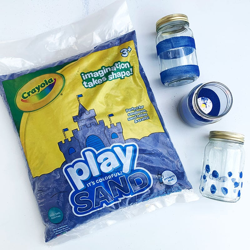 Supplies to make DIY jar vases with Crayola Play Sand