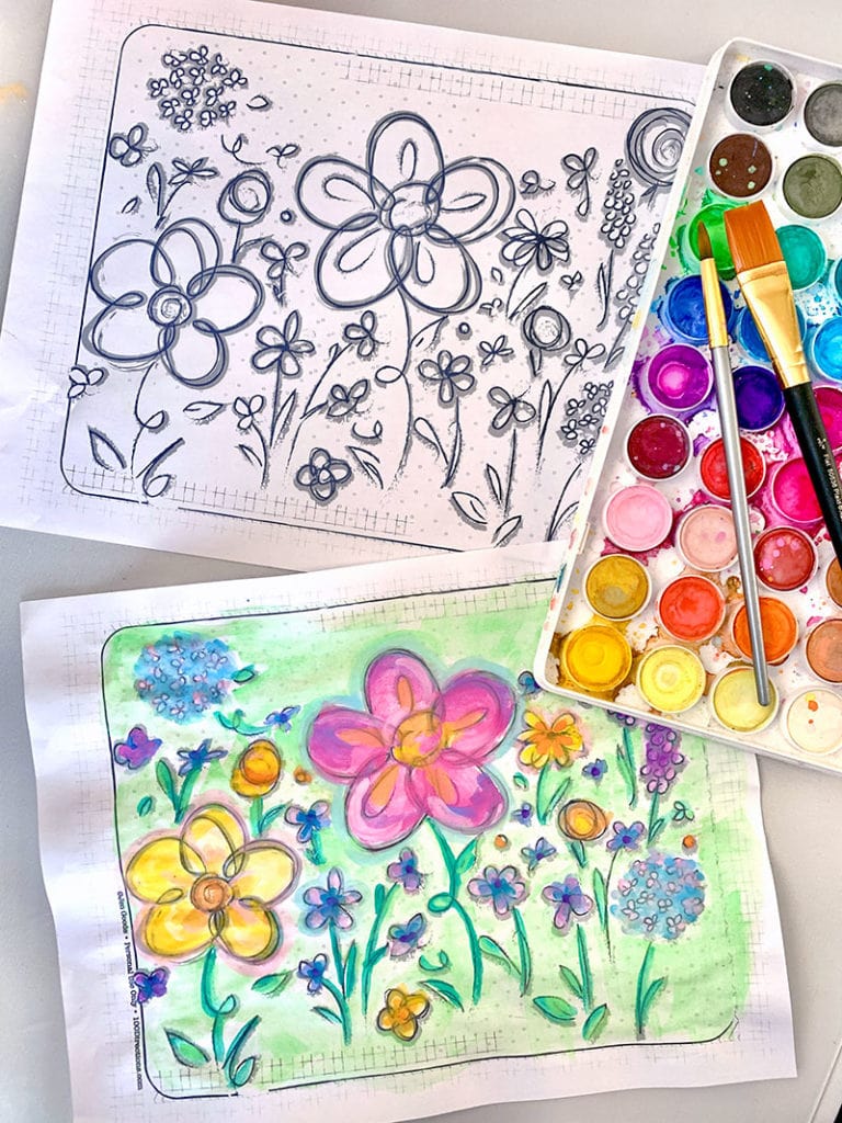 Watercolor painting coloring pages - design by Jen Goode