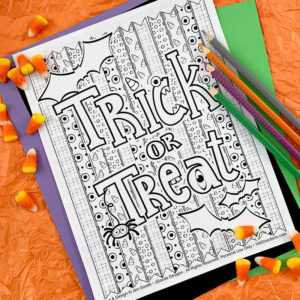 Trick or Treat Halloween coloring page printable by Jen Goode