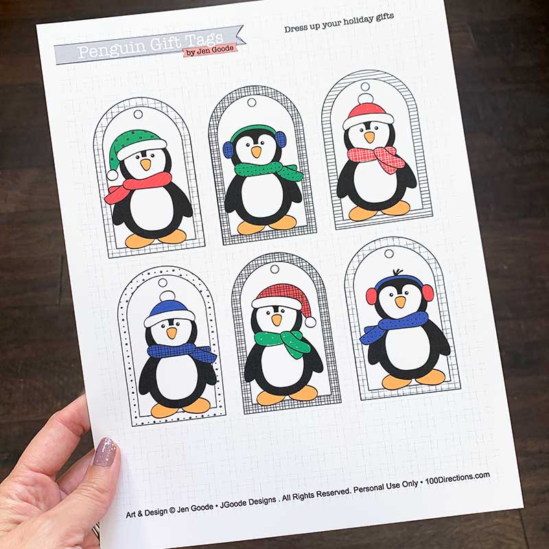 Printable penguin gift tags - full sheet design for your Christmas, winter and holiday gift wrapping. Penguin art design created by Jen Goode