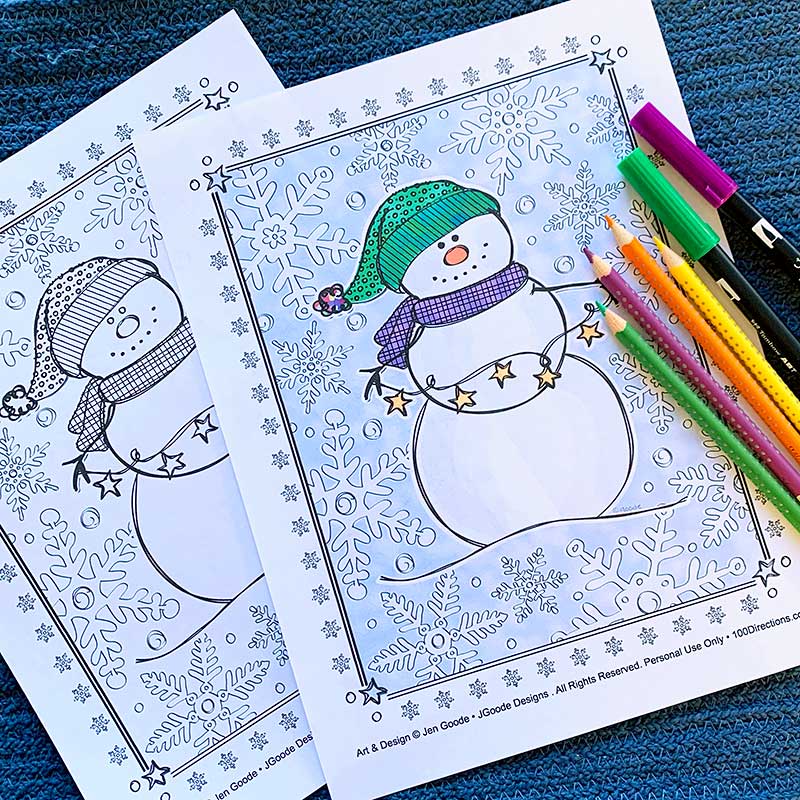 Color a snowman coloring page with your favorite coloring supplies - art design by Jen Goode
