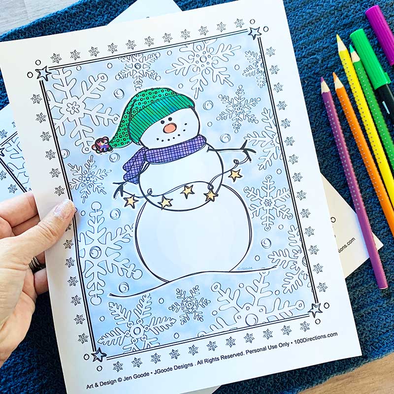 print and color your own snowman coloring sheet designed by Jen Goode