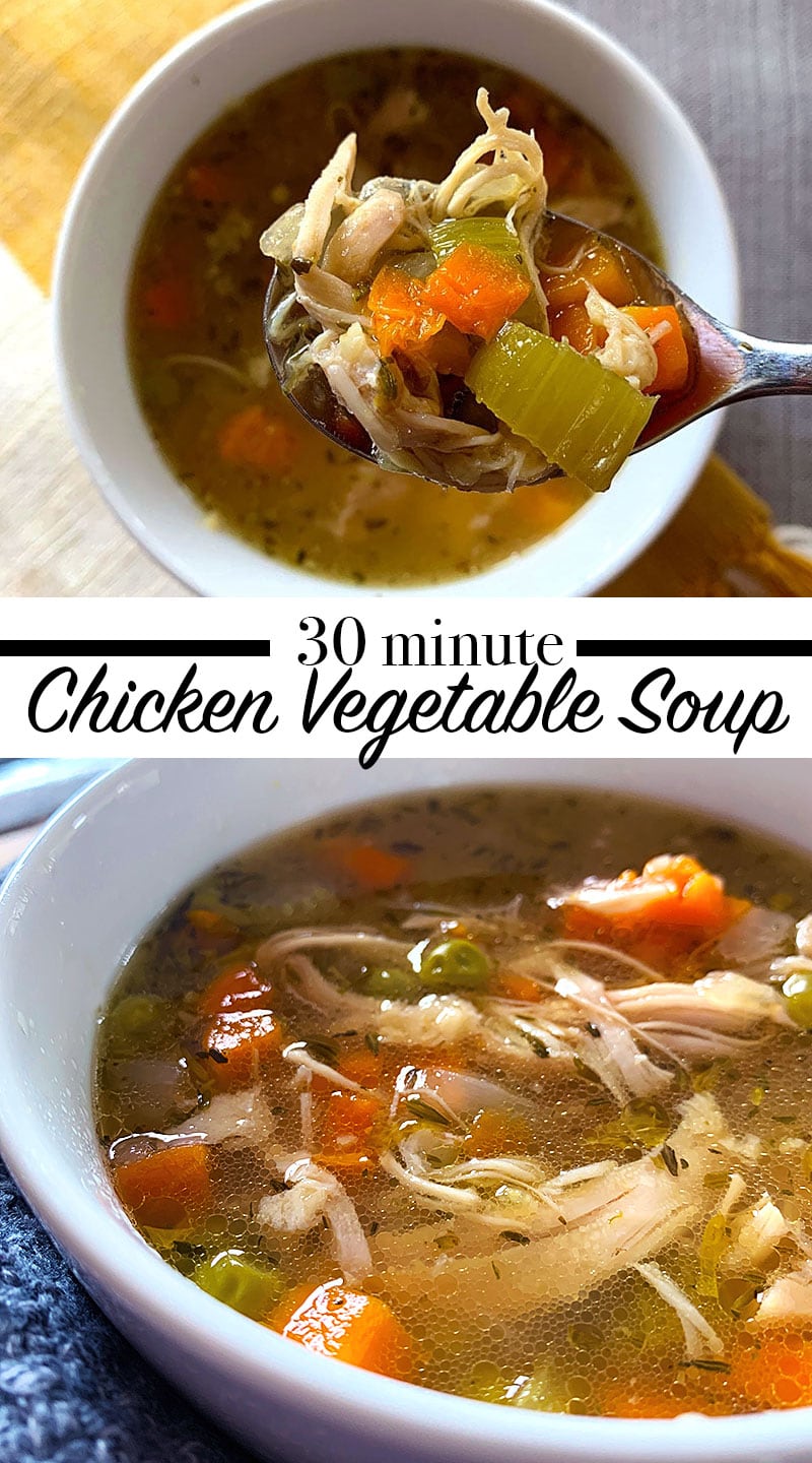 Learn how to make delicious chicken and vegetable soup in 30 minutes. It's quick, easy and packed full of homemade goodness. You can mix up the veggies you use or stick with the staples I go with in this recipe my family loves. 