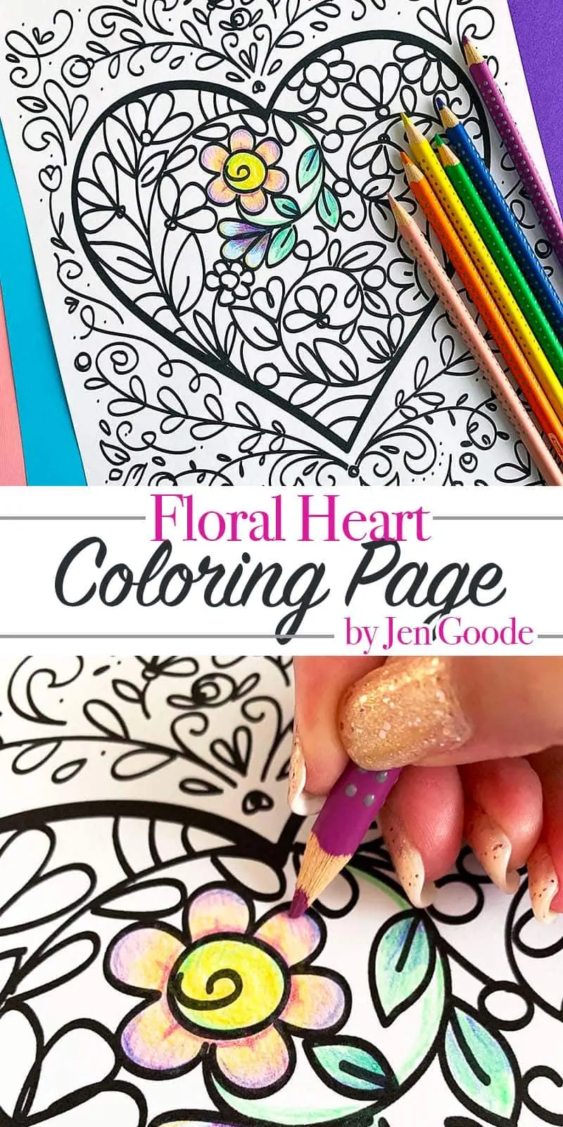 Floral Heart coloring page printable designed by Jen Goode