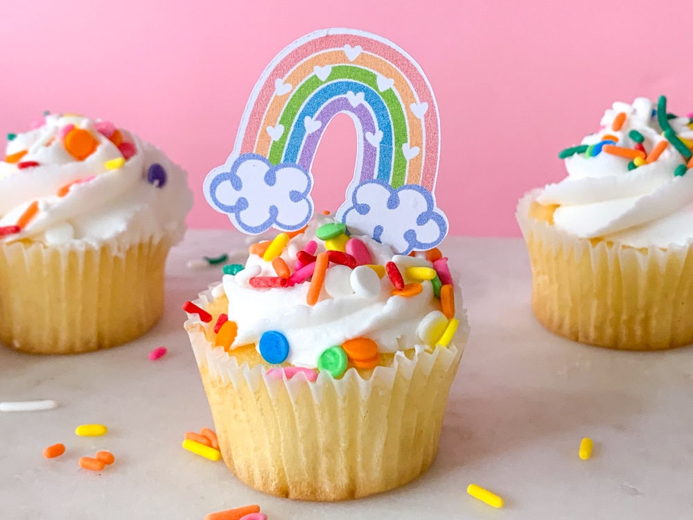 Decorate cupcakes with this quick and easy rainbow cupcake topper - an SVG cut file by Jen Goode