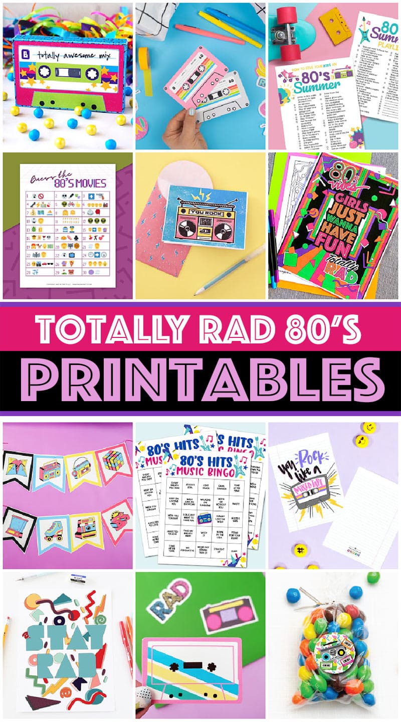 Printable 80s themed activities, decor and project accents