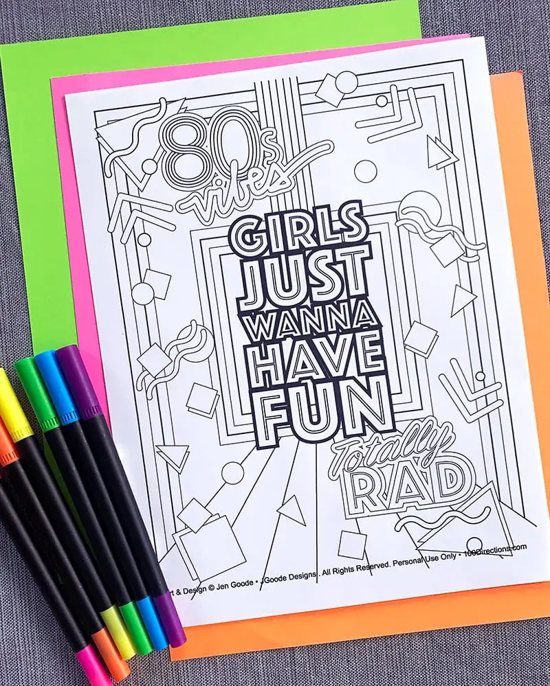 Download, print and color this Girls Just Wanna Have Fun 80s themed printable coloring page by Jen Goode