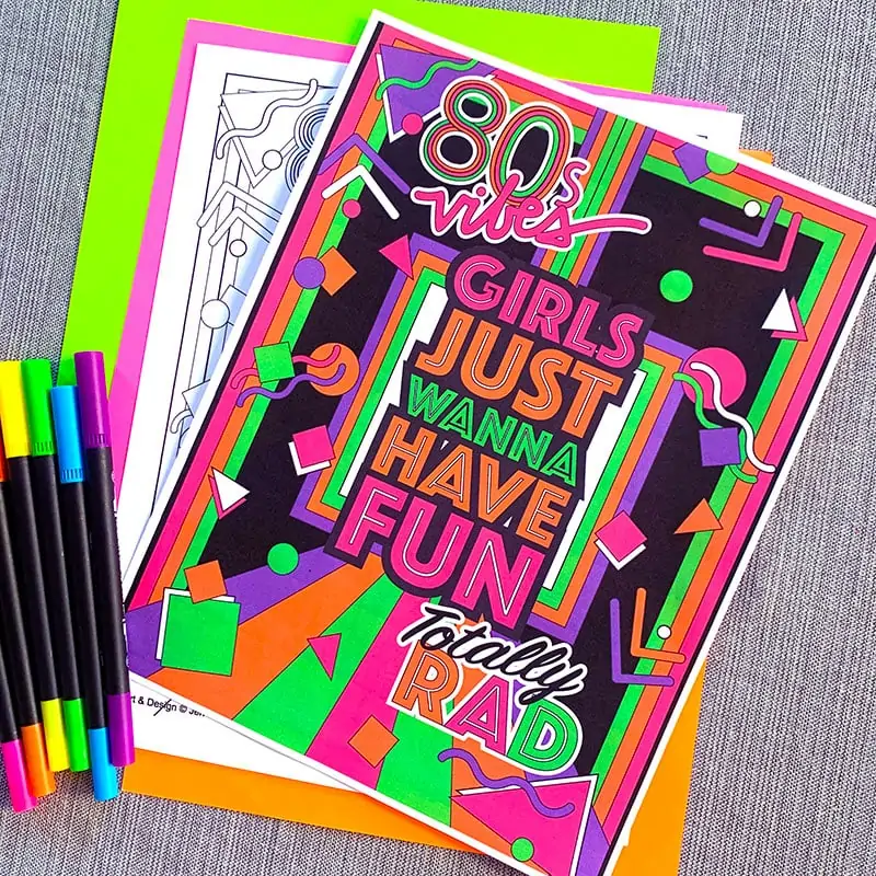 Girls Just Wanna Have Fun 80s themed printable coloring page by Jen Goode