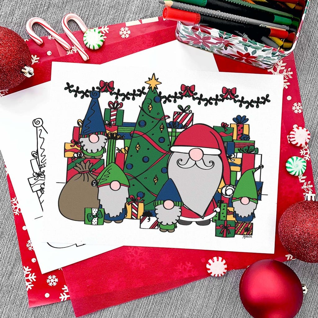 Santa and Christmas gnomes coloring page by Jen Goode