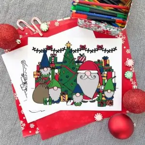 Santa and Christmas gnomes coloring page by Jen Goode