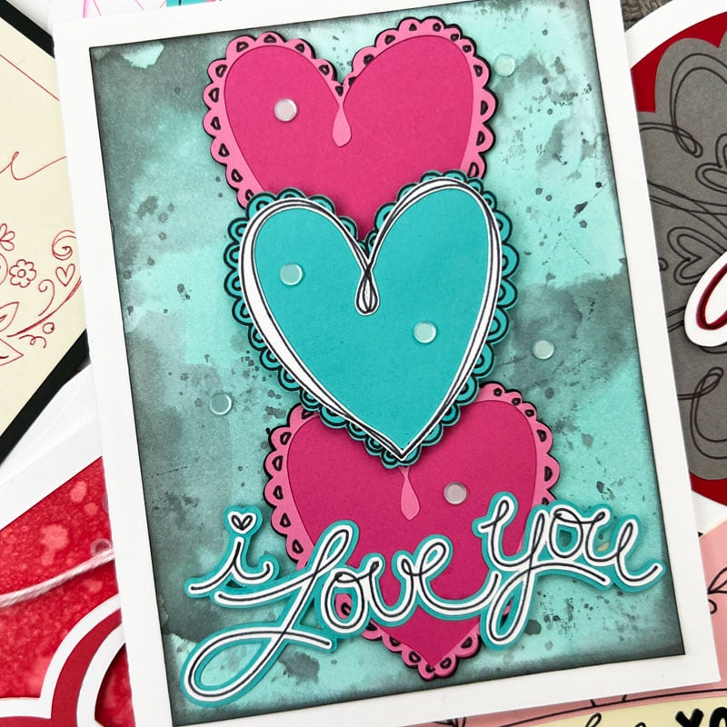 3 fancy hearts with I Love You card designed by Amanda Tibbitts with Jen Goode art