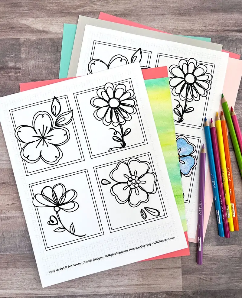 Mini flower coloring pages designed by Jen Goode