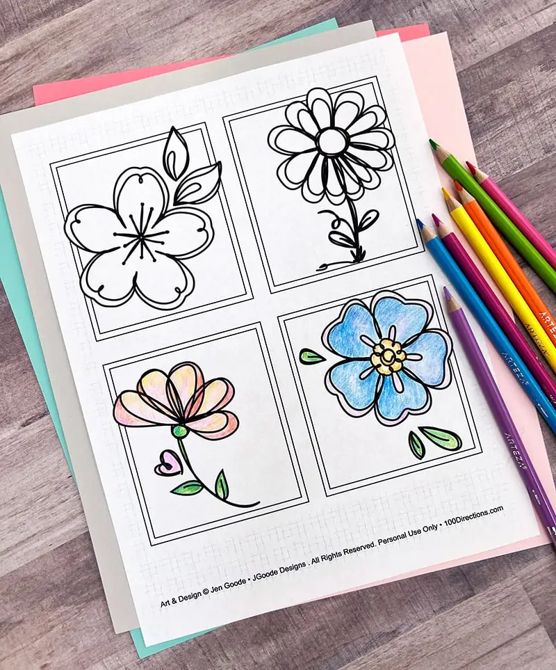 Colored flower coloring page - art by Jen Goode