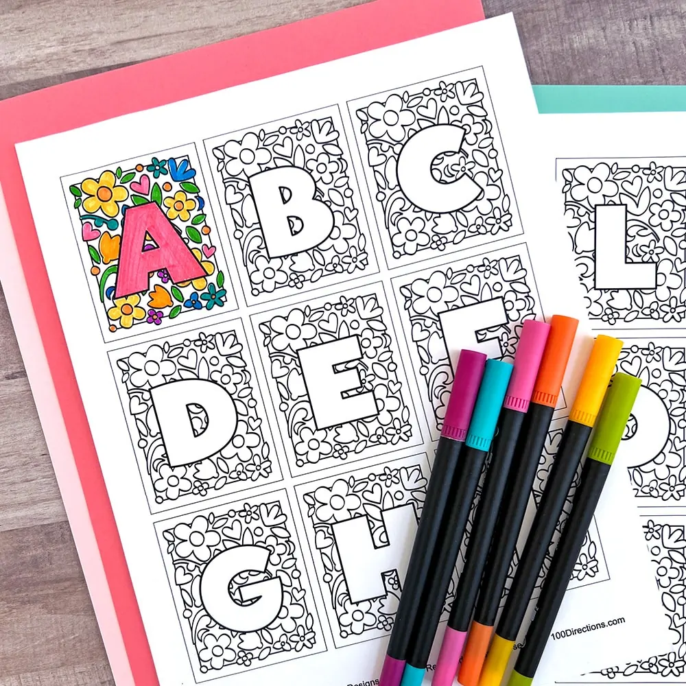 Floral Alphabet coloring cards you can print and color - designed by Jen Goode