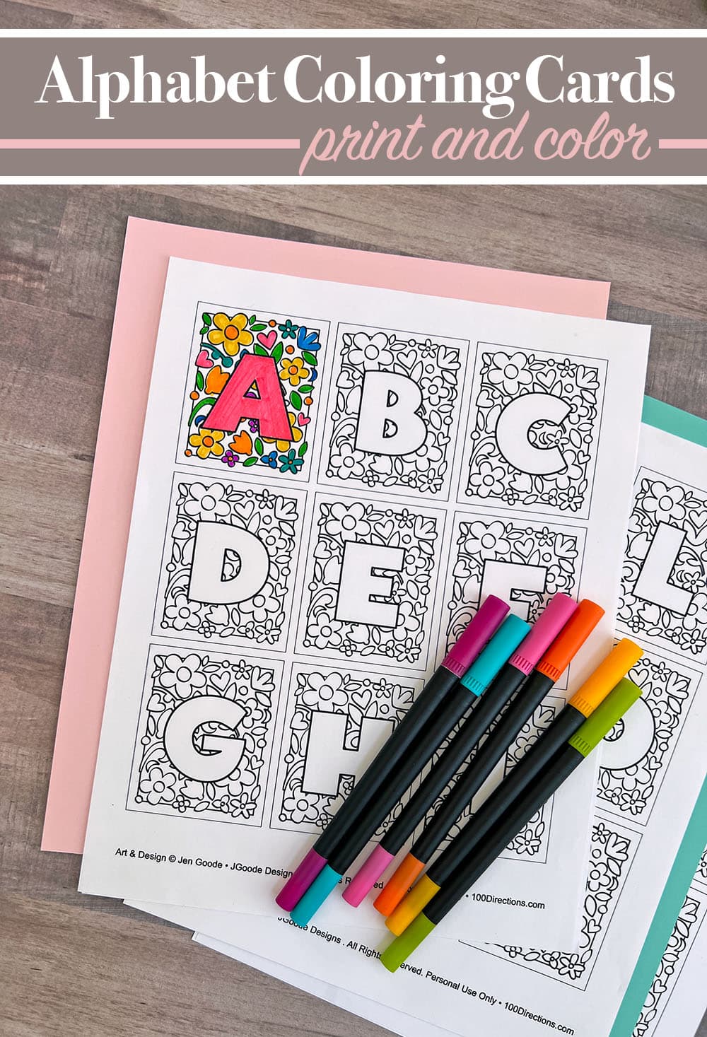 Floral Alphabet coloring cards you can print and color - designed by Jen Goode