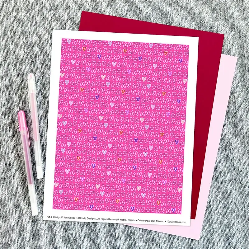 Pink Heart Line Art Pattern Printable Paper