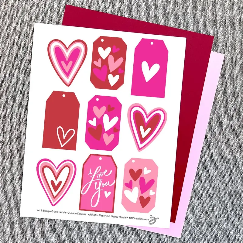 Printable heart gift tags in pink and red - designed by Jen Goode