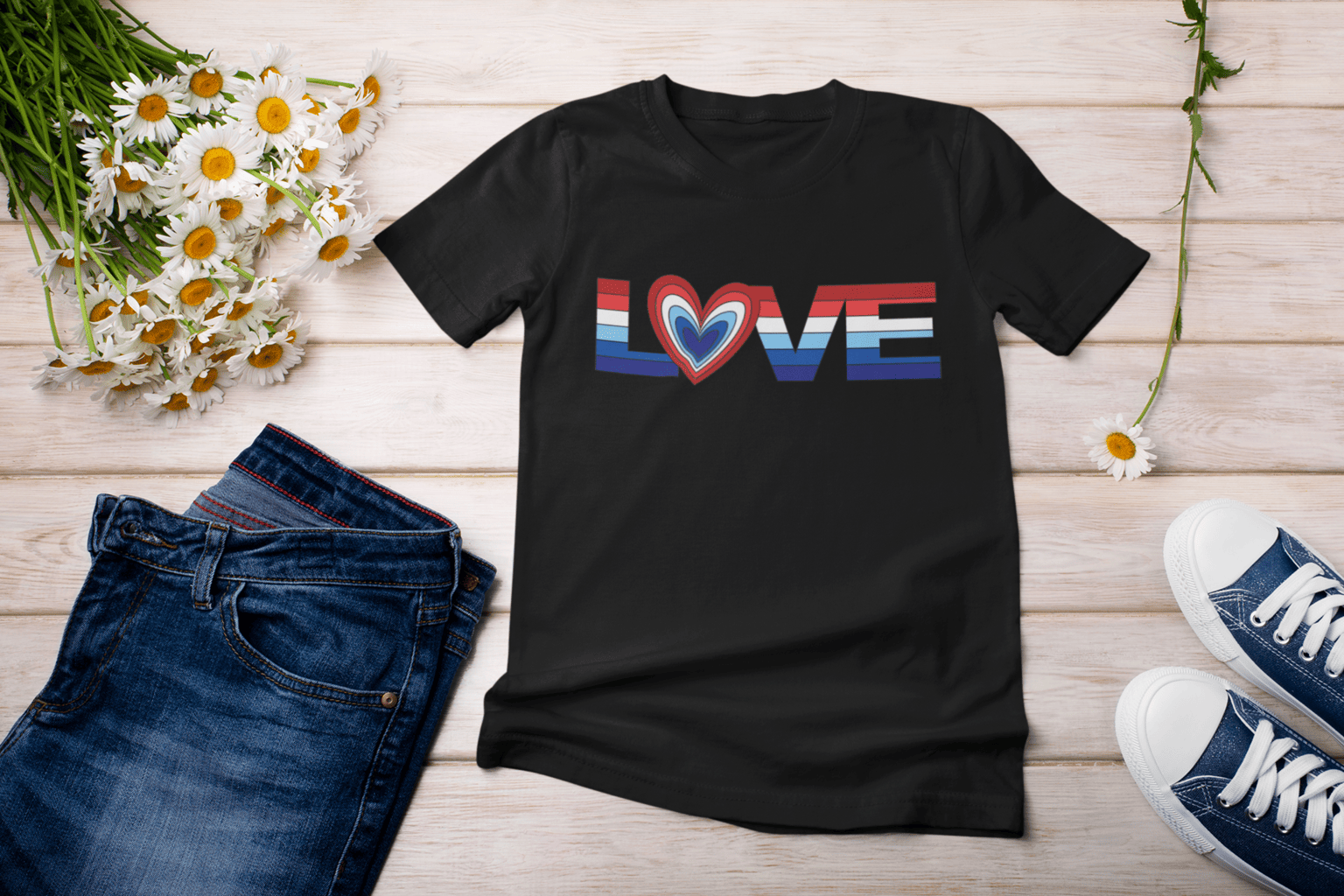 Red, white and blue LOVE cut file design on a t-shirt
