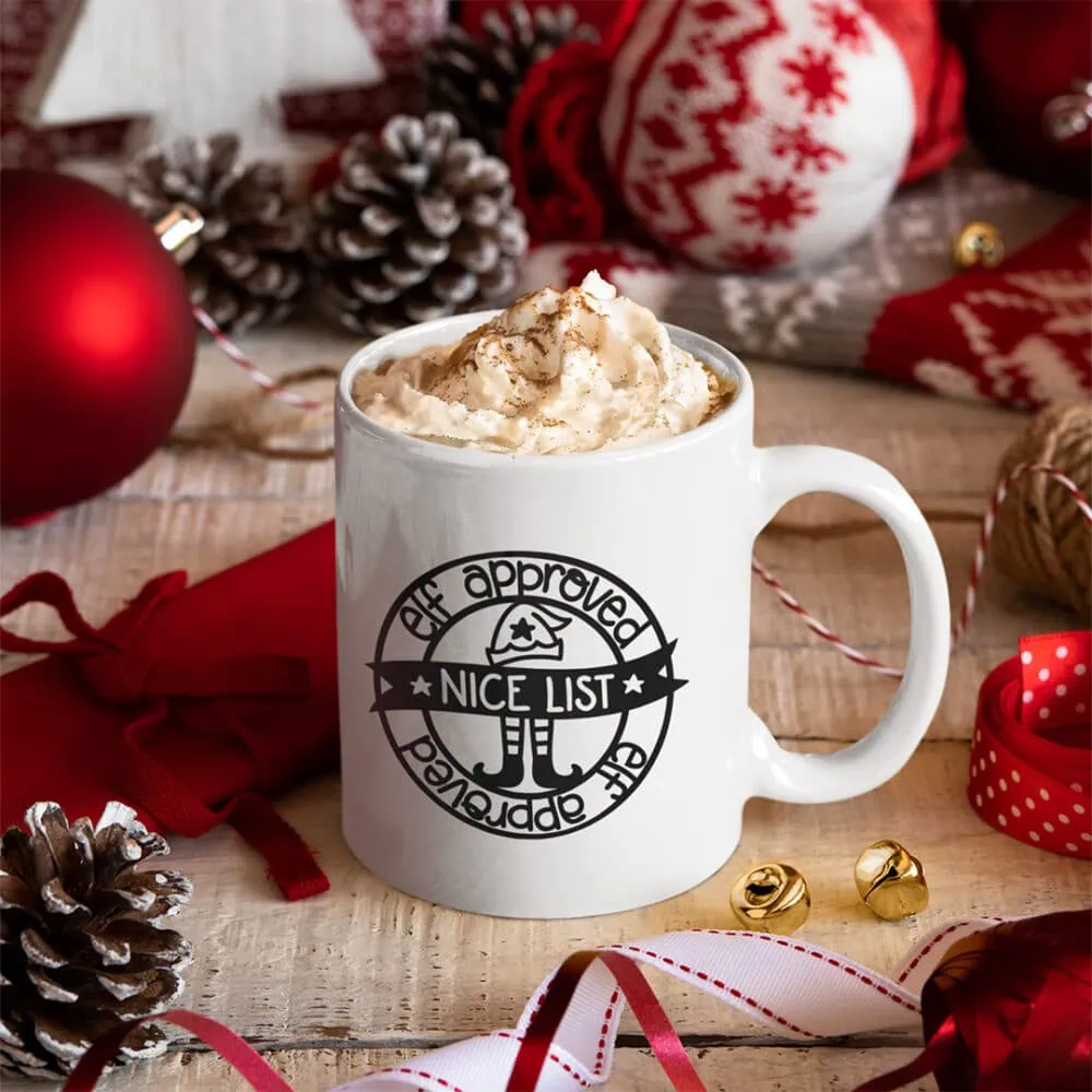 Elf Approved SVG design on a coffee mug - art by Jen Goode