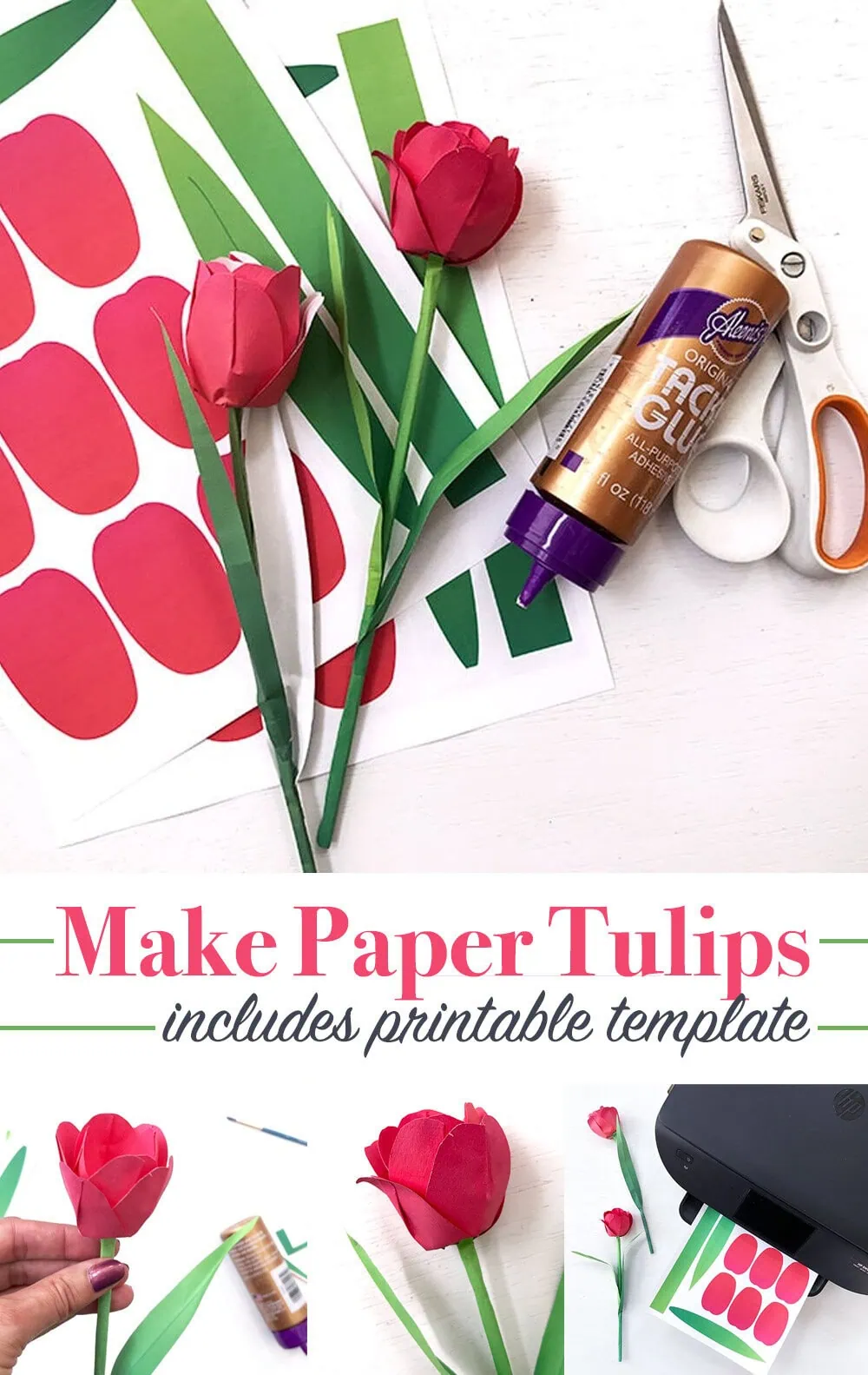 Paper tulips with printable template for crafting.