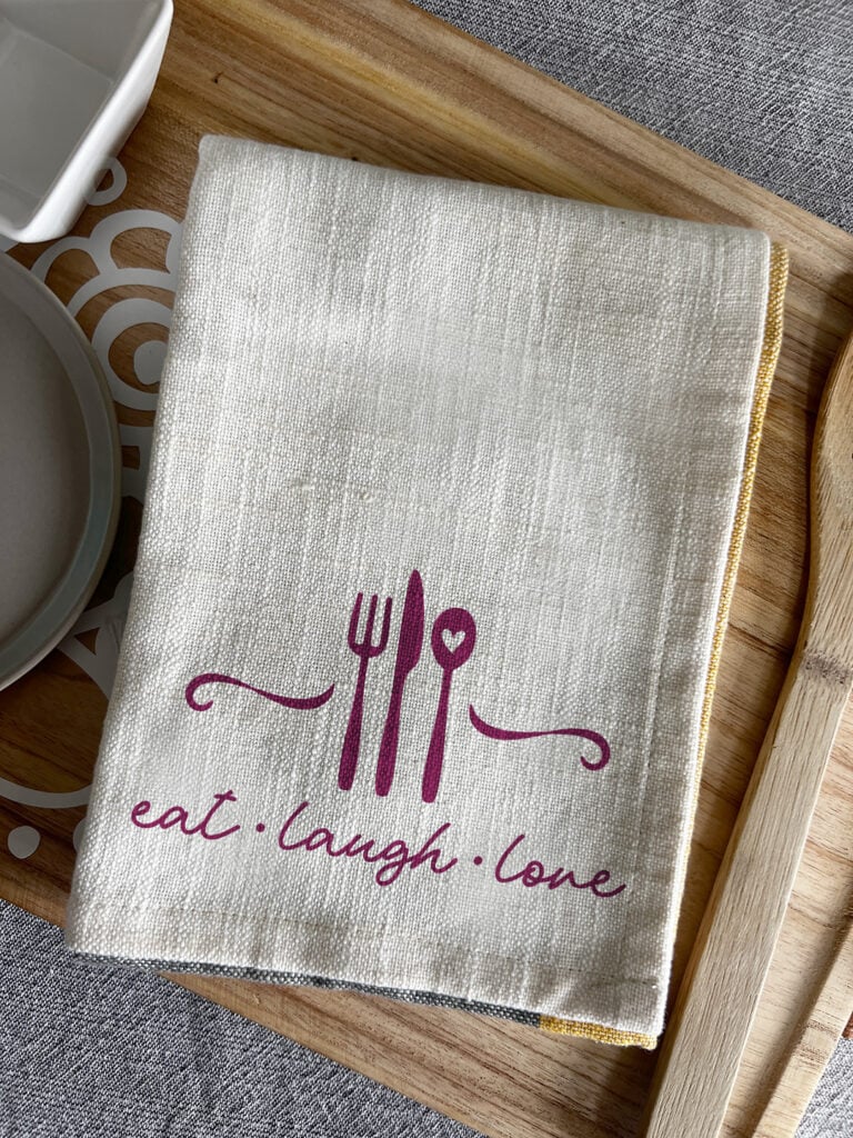 Kitchen tea towel crafted with a kitchen themed SVG designed by Jen Goode