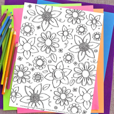 floral coloring page with multi-style flowers by Jen Goode